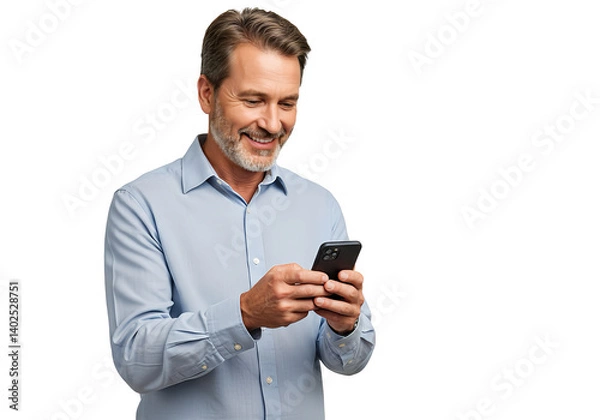 Fototapeta A smiling man holding a smartphone, isolated