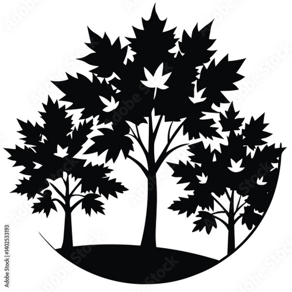 Fototapeta Black and White Maple Tree Silhouette: Forest Landscape Vector Graphic for Nature, Outdoors, and Environmental Designs