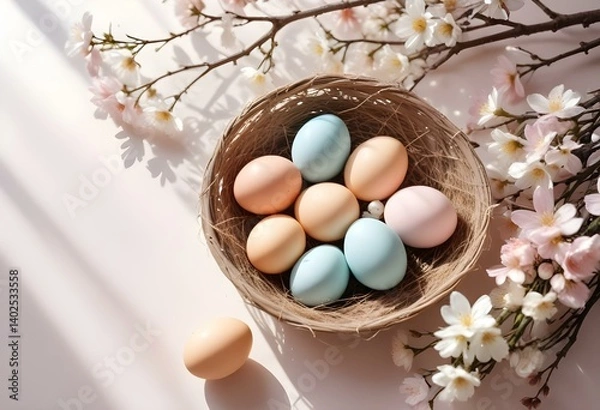 Fototapeta Spring Easter composition with pastel colored eggs