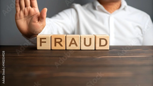 Obraz Stop Fraud Concept with Wooden Blocks and Hand Gesture

