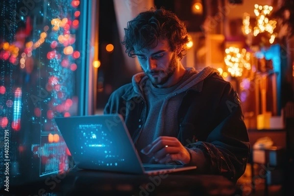 Obraz Young man working on laptop at night neon lights bokeh