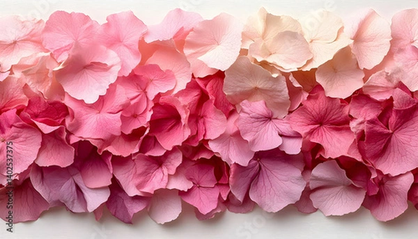 Fototapeta A vibrant arrangement of pink and peach flower petals layered elegantly on a white background