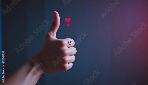 Fototapeta Happy Thumbs Up Hand Gesture with Smiley Face and Hearts on Neutral Background – Symbol of Positivity, Approval, and Love – Created with Generative AI Images
