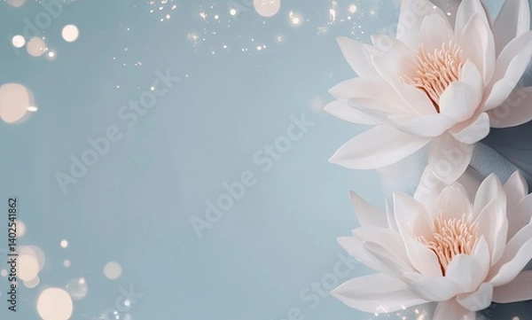 Obraz White Water Lilies on Soft Blue Background with Bokeh