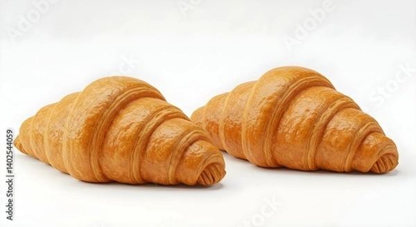 Fototapeta Two classic French croissants, perfectly baked and isolated—used for promotional breakfast content, culinary visuals, or ecommerce product listings