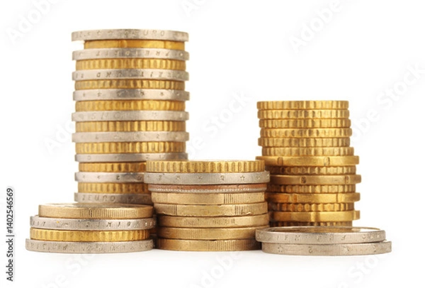 Fototapeta Stacks of different coins isolated on white
