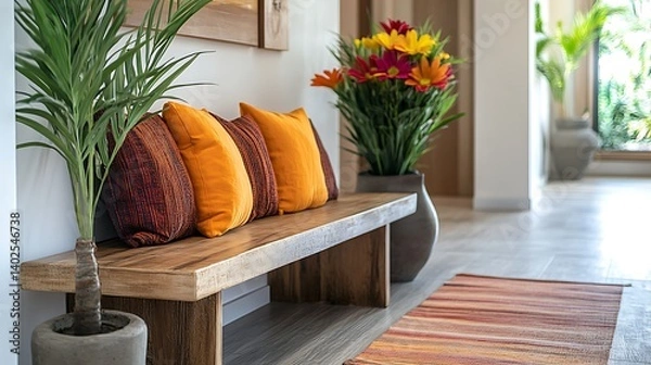 Fototapeta cozy modern hallway with wooden bench vibrant flowers and pillows offering a warm and welcoming space designed with stylish decor and natural home elements