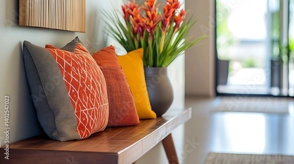 Fototapeta cozy modern hallway with wooden bench vibrant flowers and pillows offering a warm and welcoming space designed with stylish decor and natural home elements