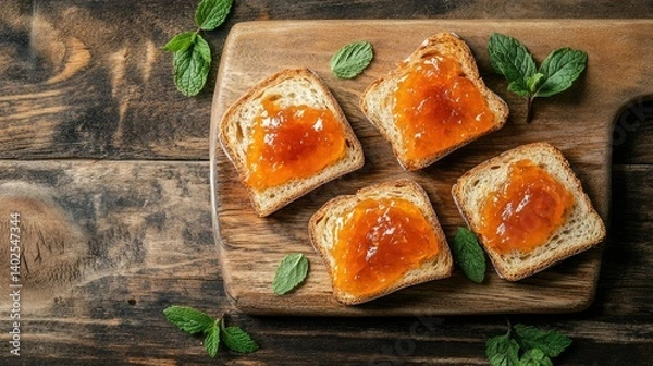 Fototapeta Top view of bread slice smothered in glossy apricot marmalade, garnished with mint on wooden board