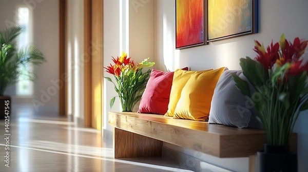 Fototapeta cozy modern hallway with wooden bench vibrant flowers and pillows offering a warm and welcoming space designed with stylish decor and natural home elements