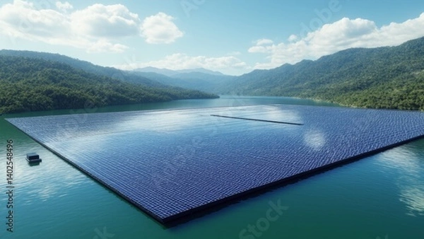 Fototapeta Floating solar panels on a tranquil lake, backed by lush green mountains under a clear sky, representing renewable energy and eco-conscious power generation solutions