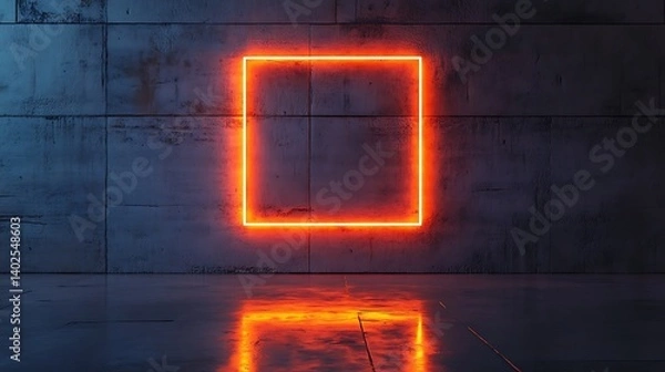 Fototapeta minimalist industrial interior with glowing orange neon frame on textured concrete wall highlighting modern aesthetics and creative visual space design