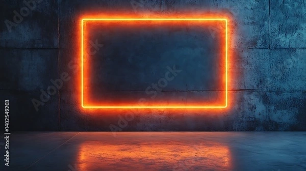 Fototapeta minimalist industrial interior with glowing orange neon frame on textured concrete wall highlighting modern aesthetics and creative visual space design