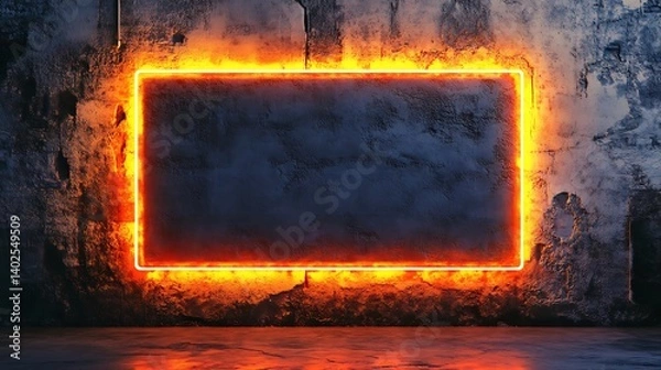 Fototapeta minimalist industrial interior with glowing orange neon frame on textured concrete wall highlighting modern aesthetics and creative visual space design
