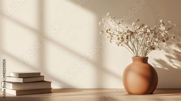 Fototapeta minimalist interior shelf design with stacked books terracotta vase and dried flowers showcasing clean aesthetic and warm cozy home decor style