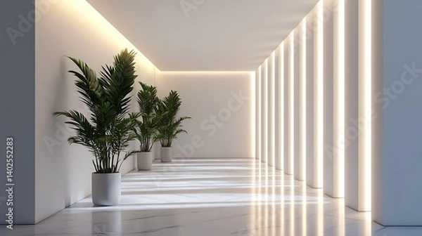 Fototapeta minimalist interior corridor with modern design sleek layout artistic lighting and greenery elements creating bright and elegant contemporary space decor