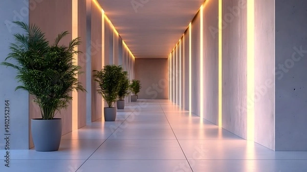 Fototapeta minimalist interior corridor with modern design sleek layout artistic lighting and greenery elements creating bright and elegant contemporary space decor