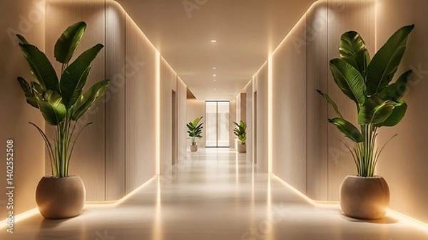 Fototapeta minimalist interior corridor with modern design sleek layout artistic lighting and greenery elements creating bright and elegant contemporary space decor