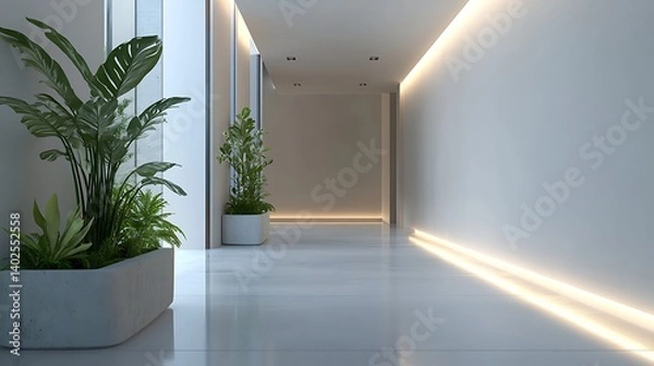 Fototapeta minimalist interior corridor with modern design sleek layout artistic lighting and greenery elements creating bright and elegant contemporary space decor