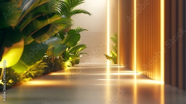 Fototapeta minimalist interior corridor with modern design sleek layout artistic lighting and greenery elements creating bright and elegant contemporary space decor