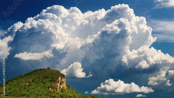 Obraz Beautiful blue sky with fluffy white clouds drift over the distant mountain landscape, a perfect summer day in nature's airy cloudscape