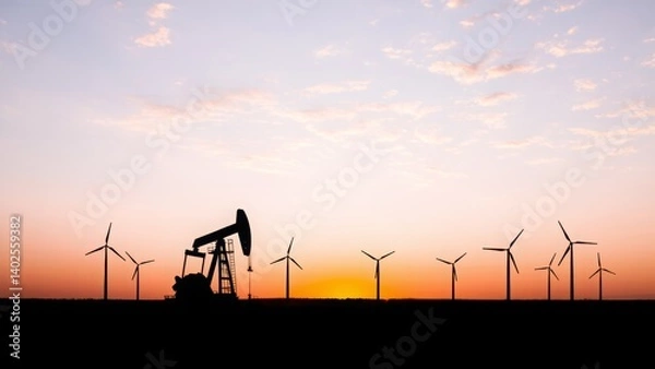 Obraz A silhouette of an oil pumpjack and wind turbines against a vibrant sunset sky, showcasing the transition between traditional fossil fuels and renewable energy for sustainable development