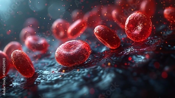 Obraz A captivating view of red blood cells swirling through liquid, highlighting their essential function in transporting oxygen throughout the body