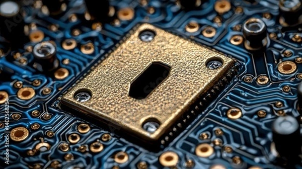 Fototapeta Close-up of a Gold Microchip on a Circuit Board