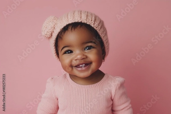Fototapeta Smiling baby girl in soft pink knit sweater and pom pom hat on pink background, cute and joyful look