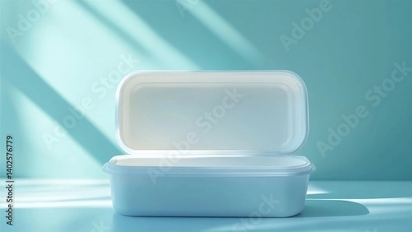 Fototapeta Minimalist Open Plastic Container against a Soft Blue Background