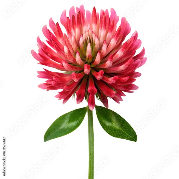 Fototapeta red clover flower with green leaves isolated on transparent background, detailed botanical close-up perfect for natural design