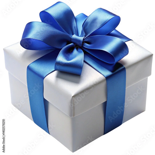 Fototapeta white gift box wrapped with shiny blue ribbon and decorative bow isolated on white background, perfect for holidays, birthdays, or special events

