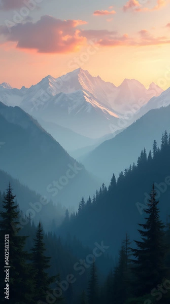 Fototapeta Tranquil Dawn Over Majestic Snowy Mountains and Verdant Forests, Bathed in Soft Morning Light and Mist
