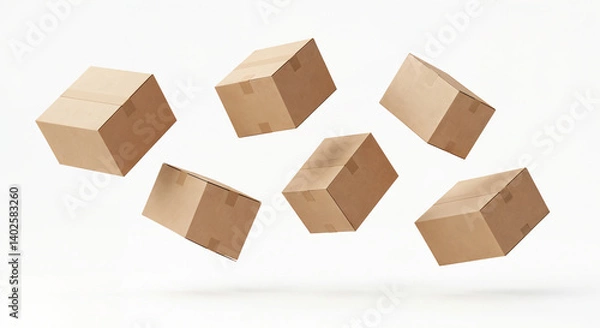 Fototapeta Cajas de cartón flotando o volando aisladas sobre fondo blanco. Concepto de logística de entrega para diseño moderno.