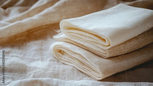 Fototapeta Folded Linen Napkins on a Soft Fabric Background