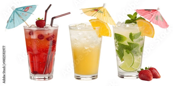Obraz Set of Colorful Refreshing Summer Beverages with Citrus Fruits and Decorative Umbrellas Isolated On Transparent Background