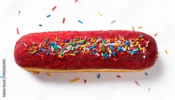 Fototapeta Long John Red Velvet Donut with Rainbow Sprinkles on White Background Isolated