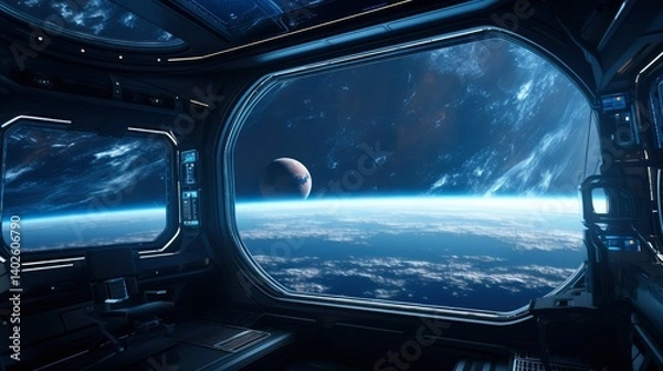 Obraz Spaceship Window View of Earth and Planet from Orbit - Futuristic Space Exploration Concept