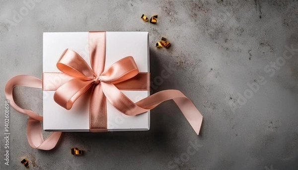 Fototapeta White Gift Box with Rose Gold Ribbon on Concrete Background. Top View of Mother Day Gifts with Copy Space