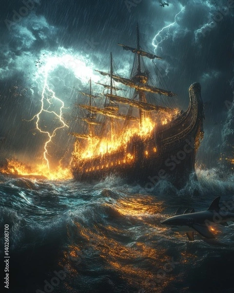 Fototapeta Noah's Ark Stormy Sea Art Surrealism with Underwater Sharks and Dramatic Lighting