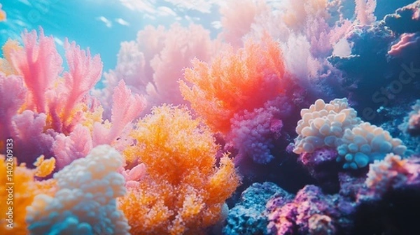 Fototapeta Colorful underwater coral reef scene showing vibrant marine life