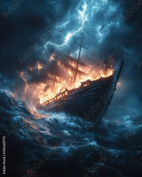 Fototapeta Noah's Ark Stormy Sea Art Surrealism Underwater Sharks Lightning Danger