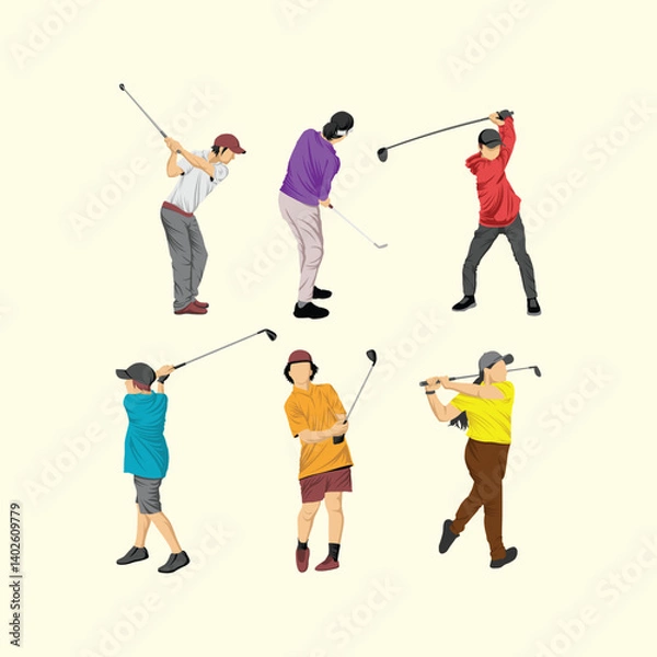 Fototapeta Golfer Golf Player Athlete Vibrant Colored Person Simple Vector Set Collection