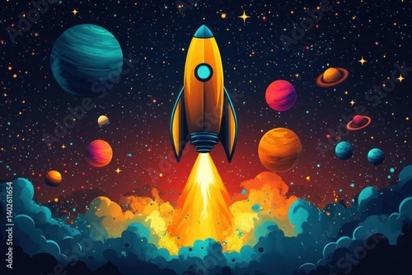 Fototapeta Colorful Cartoon Rocket Blast Off in Outer Space with Planets and Stars for Online Education and E-Learning Tutorials