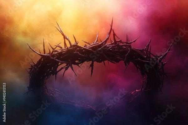 Fototapeta Crown of Thorns Against a Rainbow Background Symbolizing Salvation and Change
