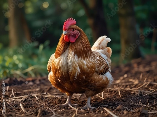 Obraz Beautiful Rooster in Lush Forest,
Striking Brown and White Rooster in Nature, Elegant Farm Rooster in Green Woodland, Majestic Rooster Posing in Mossy Forest 