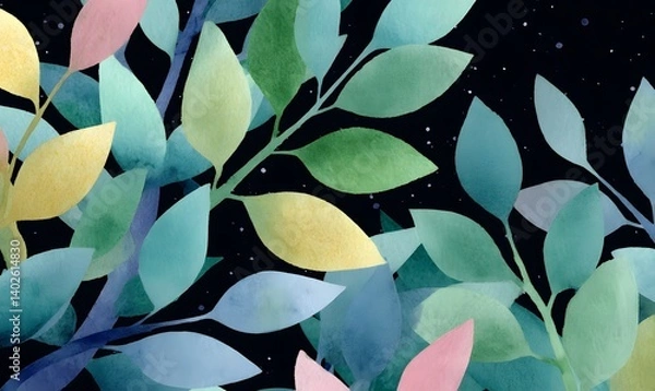 Obraz tree with leaves nighttime seamless watercolor, Generative AI