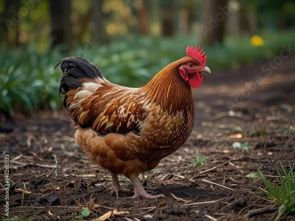 Obraz Beautiful Rooster in Lush Forest,
Striking Brown and White Rooster in Nature, Elegant Farm Rooster in Green Woodland, Majestic Rooster Posing in Mossy Forest 