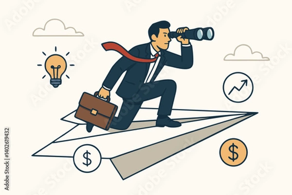 Fototapeta Business Leader Exploring Opportunities on Paper Airplane with Binoculars, Briefcase, and Financial Growth Symbols in Creative Illustration