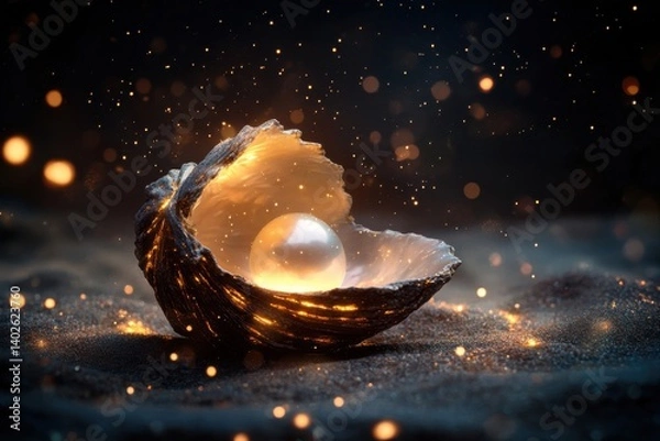Fototapeta Artistic composition of treasure pearl in glowing shell with light particles